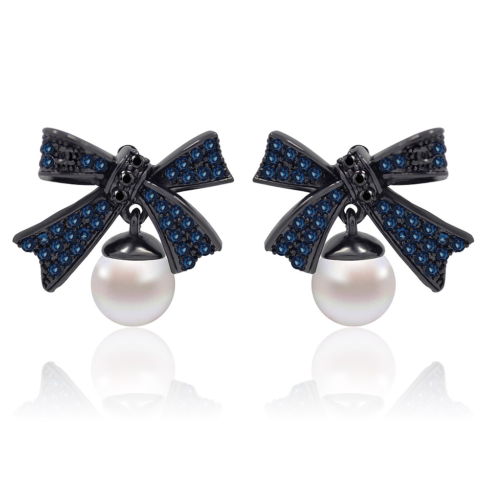 Blue Bow Pearl Earring